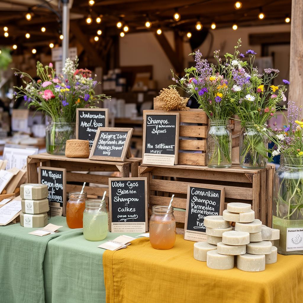 Farmers market booth setup with wildflowers and products