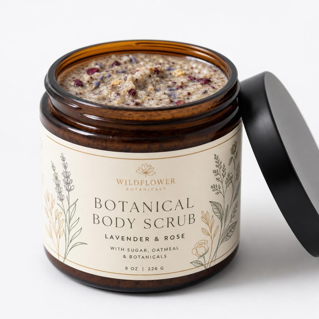 Botanical Body Scrub in an 8 oz amber glass jar with a black lid showing natural botanical exfoliants